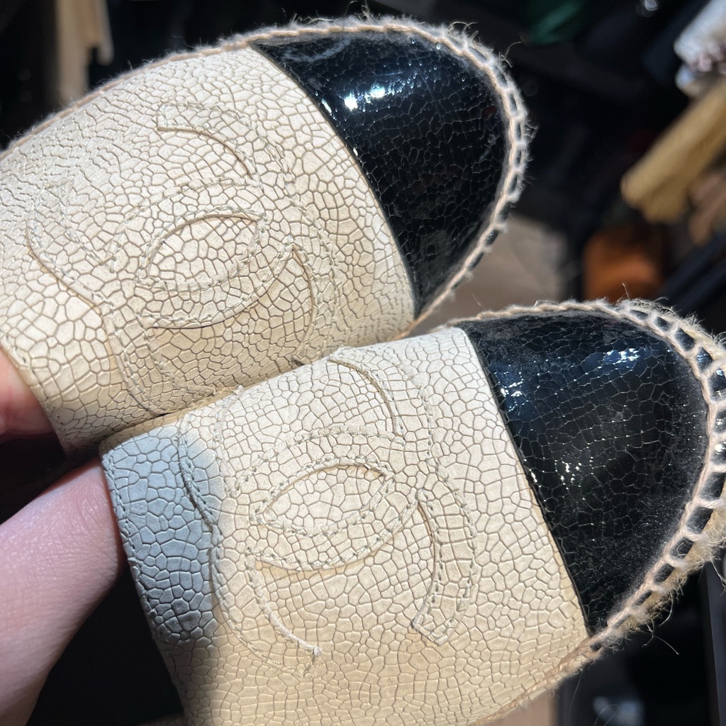Chanel Espadrilles (Two Tone, Beige Crackled Suede With Crackled Shiny Black)